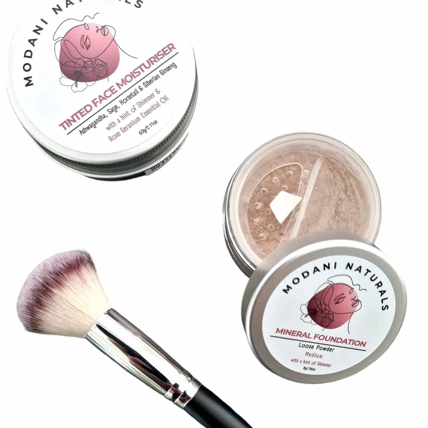 Modani Naturals Tinted moisturiser and mineral powder with makeup brush on white background.