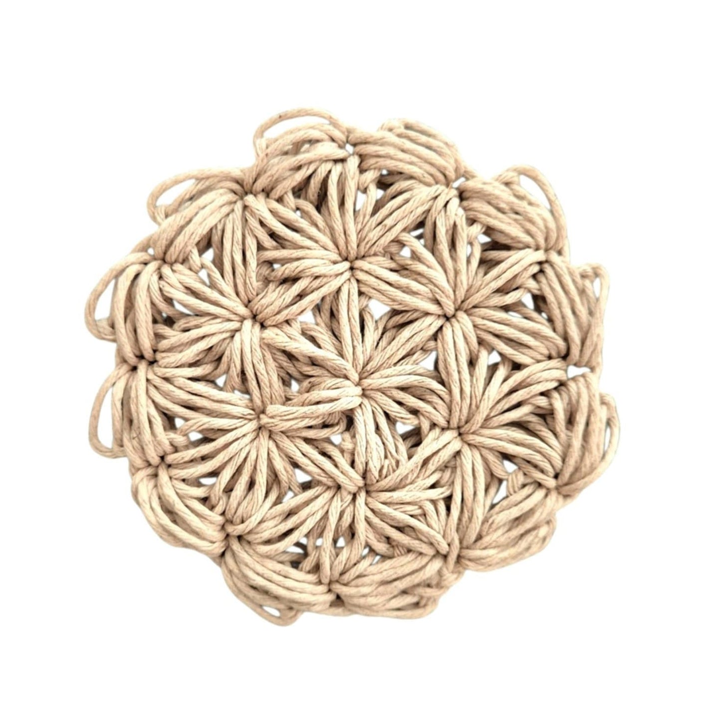 Beige hemp crochet face scrubby on a white background