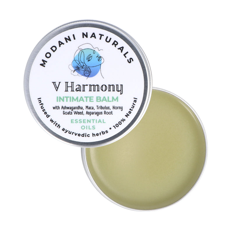 Modani Naturals V Harmony Intimate Balm open tin.