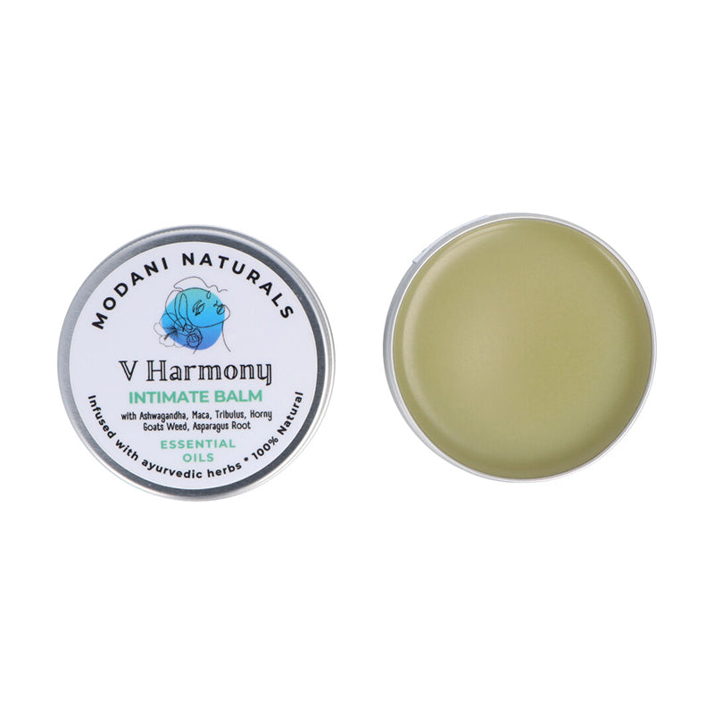 Modani Naturals V Harmony Intimate Balm open tin and label