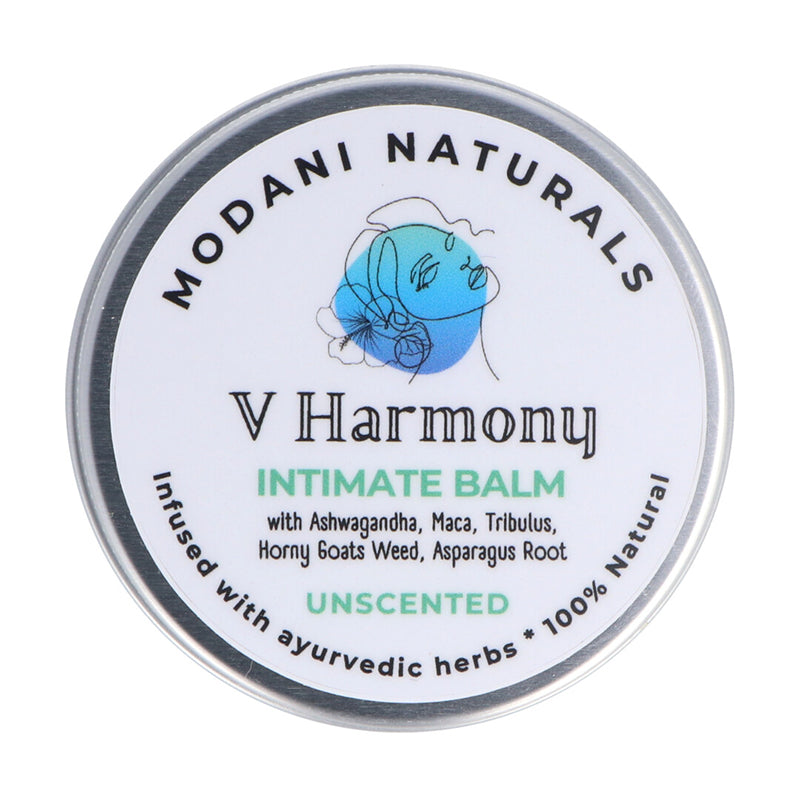Modani Naturals intimate balm-unscented showing front label in silver tin on white background.