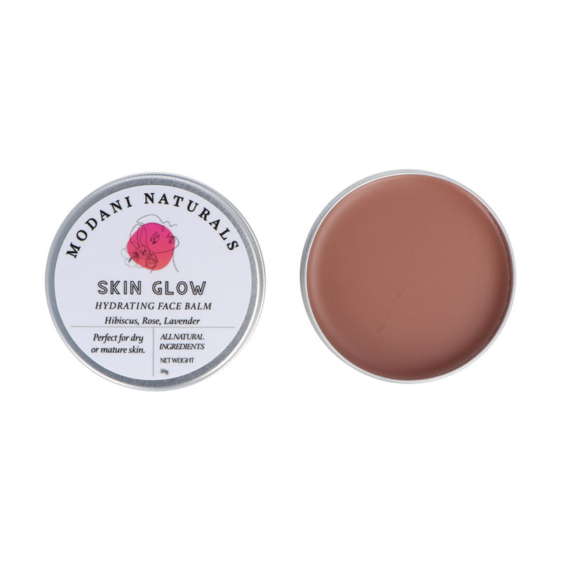 Modani Naturals Skin Glow Hydrate Face Balm with Hibiscus, Rose, Lavender open tin showing product texture and colour on white background.