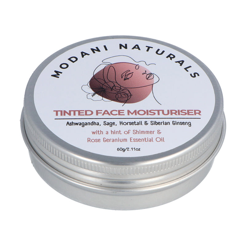 Modani Naturals Tinted Face Moisturiser angled view of tin on white background.