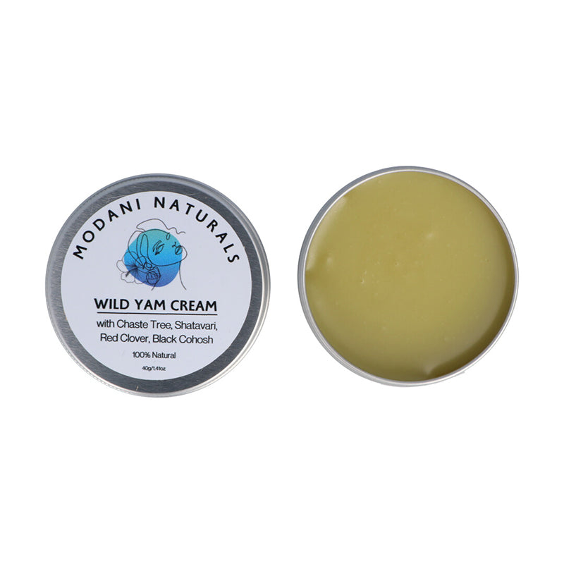 Modani Naturals Wild Yam Cream showing open tin with product inside and lid with label.