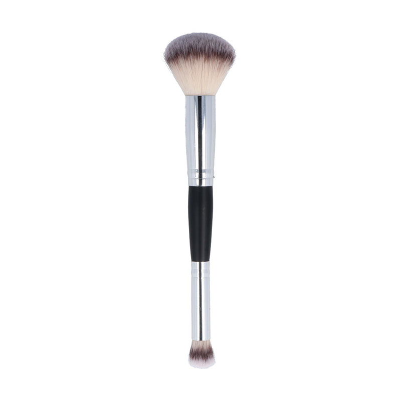 Silver and black dual end make up brush on white background.