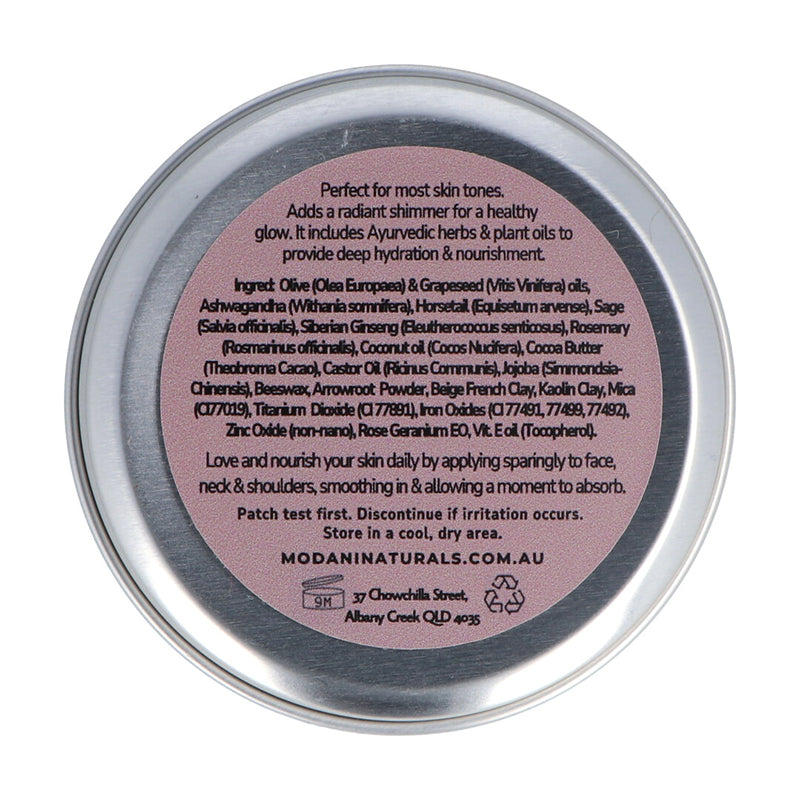 Modani Naturals Tinted Face Moisturiser ingredients list on back label on white background.