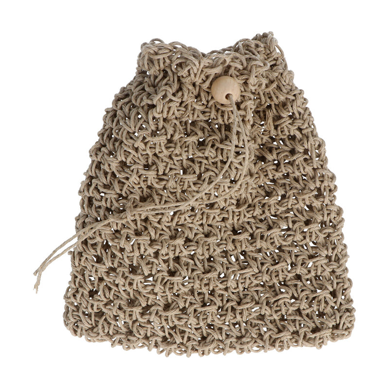 Brown hemp crochet soap saver pouch with drawstring on white background.