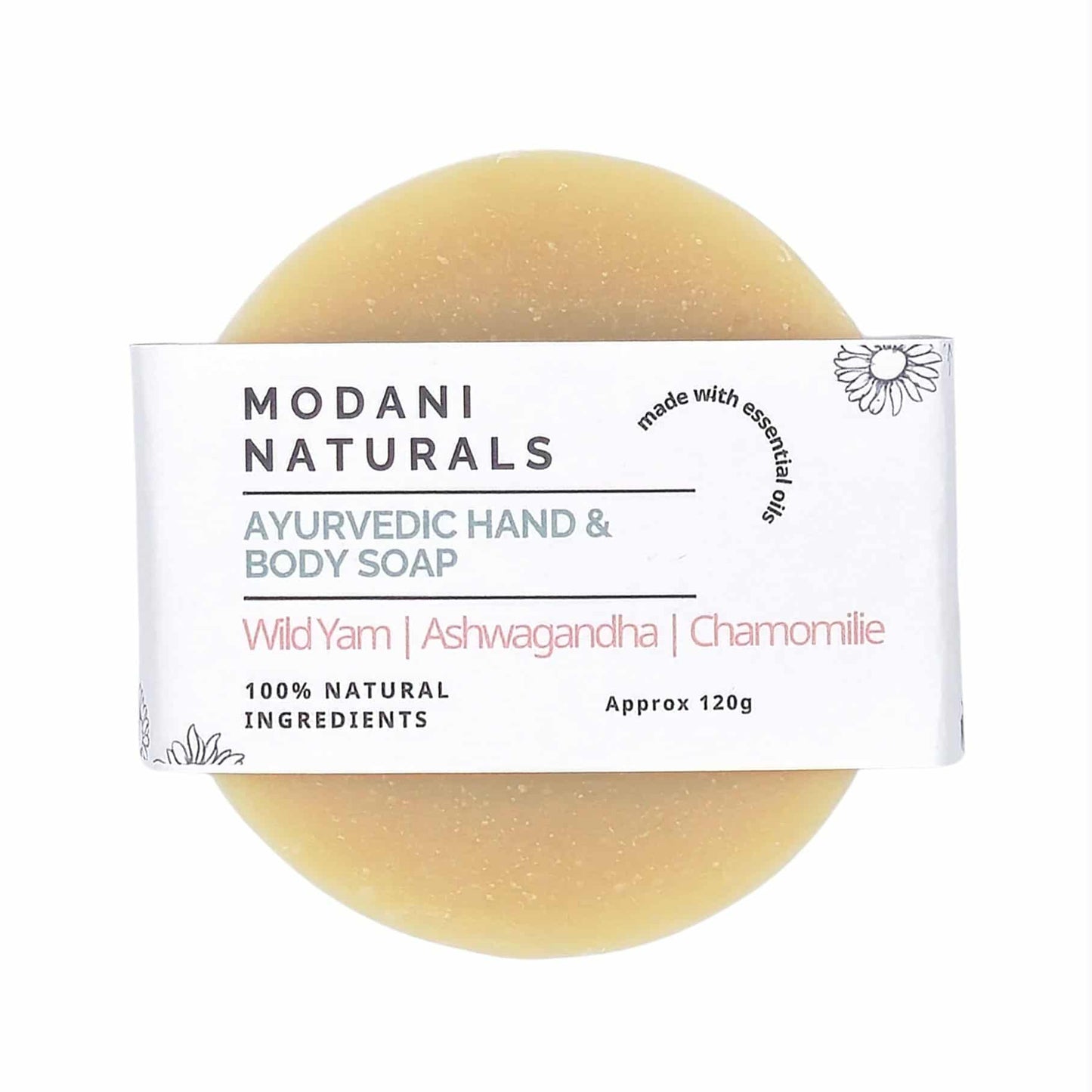 Modani Naturals Ayurvedic hand and body soap with a white label on a white background