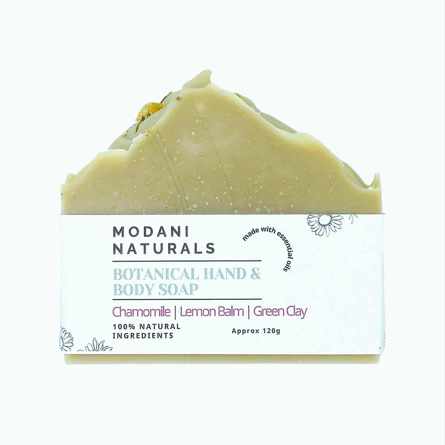 Modani Naturals botanical hand and body soap with chamomile, lemon balm, and green clay on a white background
