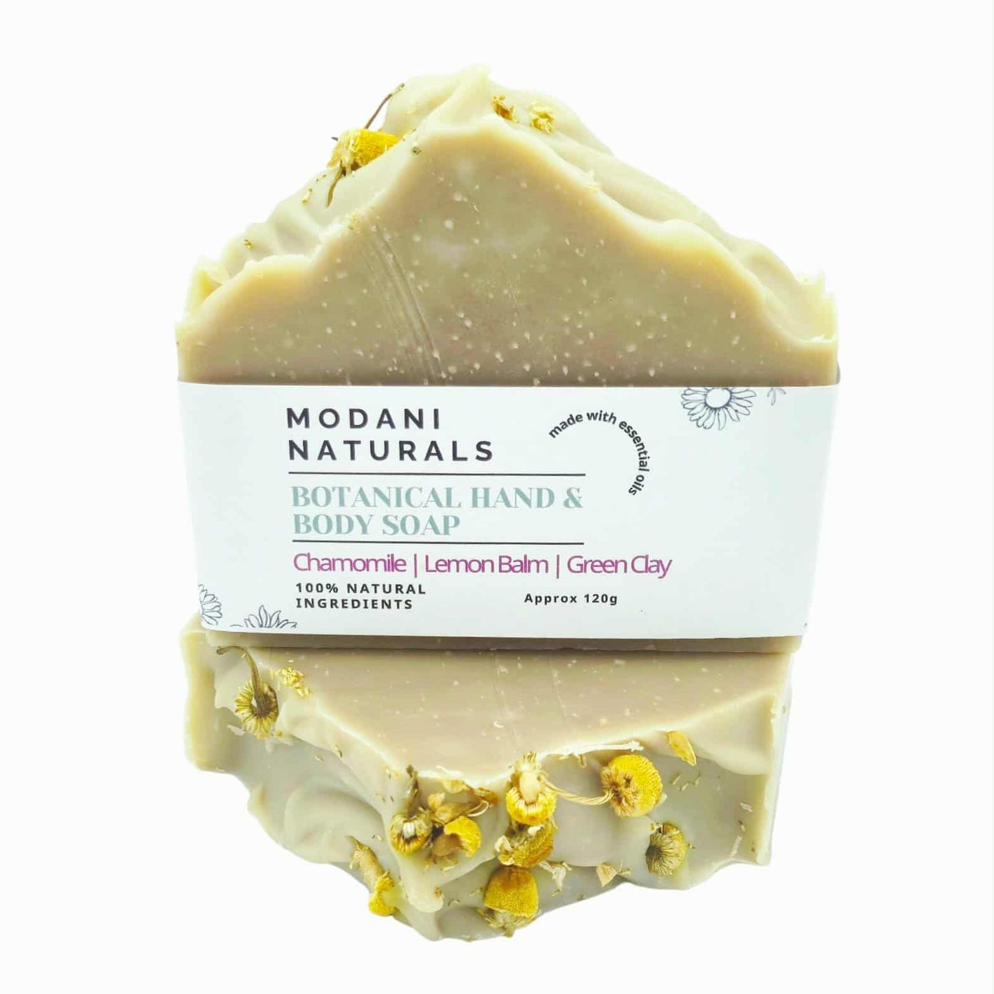 Modani Naturals botanical hand and body soap with visible ingredients on a white background