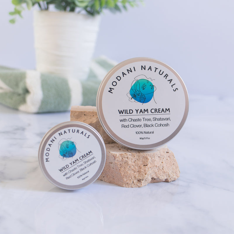 modani natuals wild yam cream showing 2 versions small and large tin.