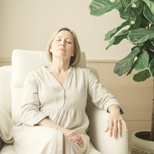 Middle-aged woman sitting in a chair looking tired and fatigued, soft natural light, light background with a green indoor plant nearby