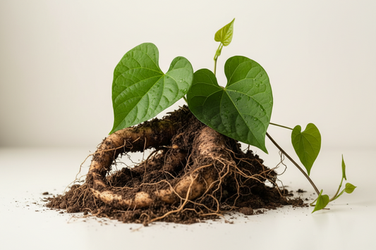 Wild yam root and heart-shaped leaves of the Dioscorea villosa plant on a neutral background