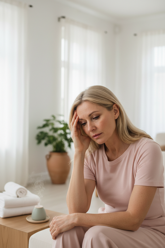 Middle-aged woman by a window in soft natural light, with a contemplative, emotionally fatigued expression — hand resting on her temple.