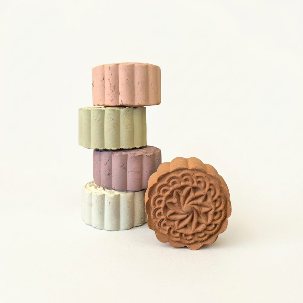Stack of colorful solid clay mask bars with a detailed mooncake mold on a white background