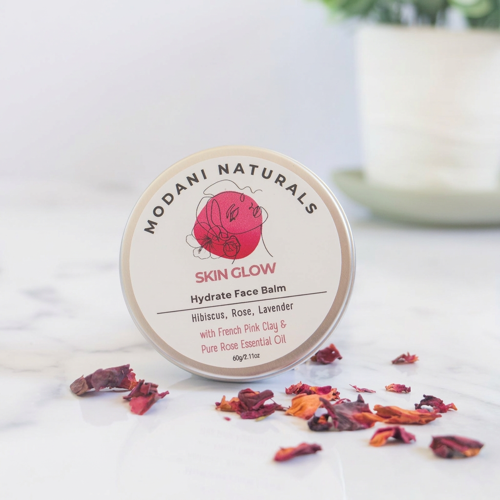 Modani Naturals Skin Glow Hydrate Face Balm tin surrounded by dried rose petals, with a softly blurred plant in the background.