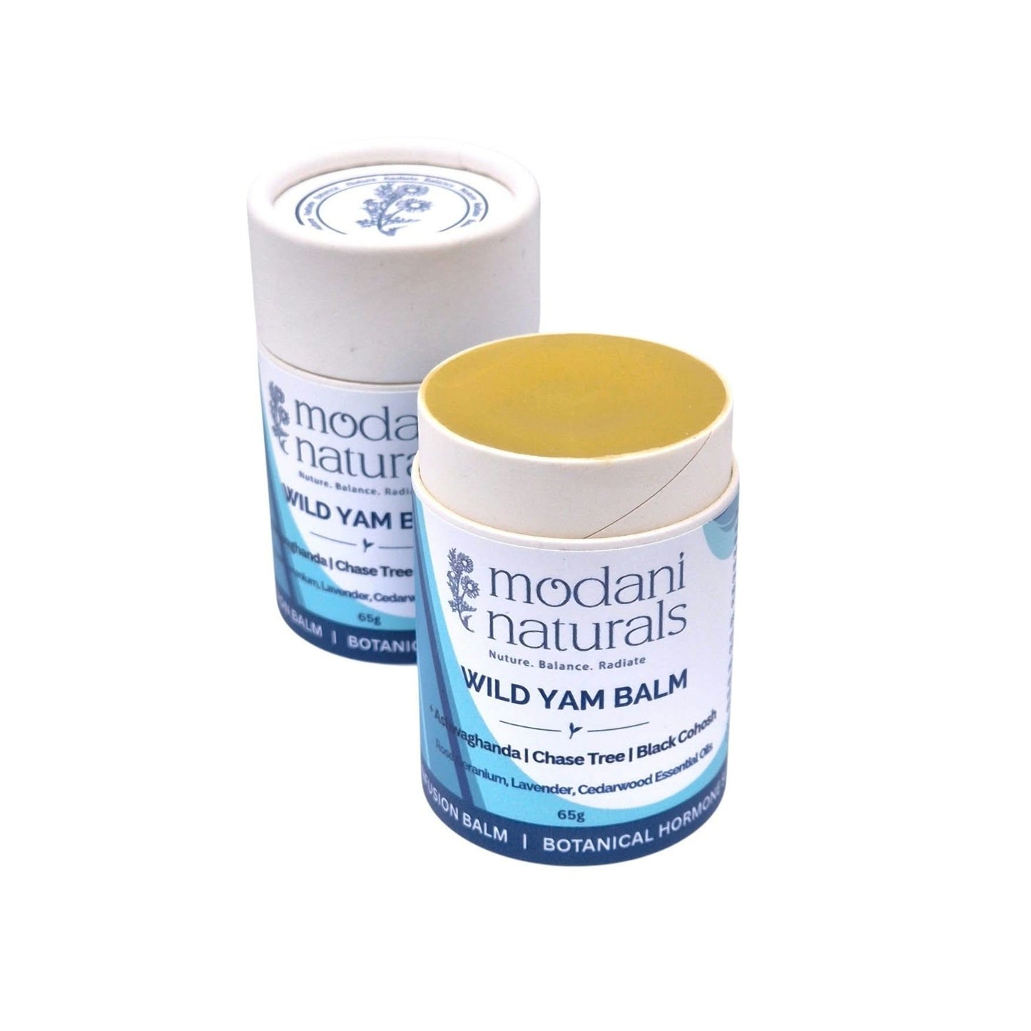 Two Modani Naturals Wild Yam Balm containers on a white background, with one open to show the yellow balm inside and one closed showing the label.