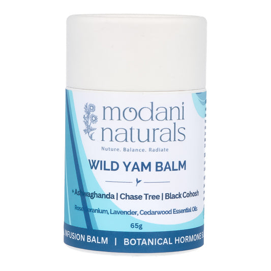 A white cardboard push up tube of Modani Naturals Wild Yam Balm with a white, blue, and teal label, shown on a plain white background.