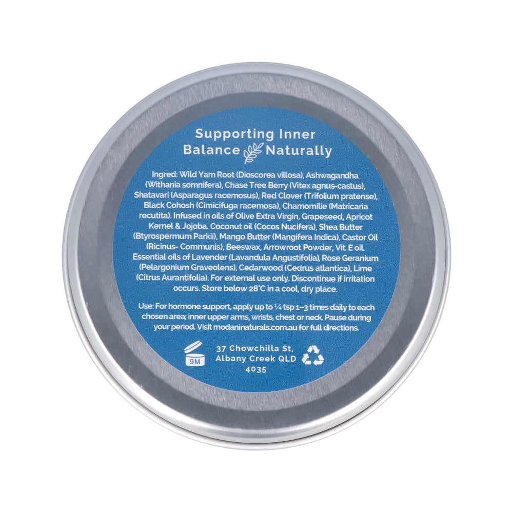 A round silver metal tin of Inner Balance Naturally Supporting Inner Balance Naturally supplement, featuring a prominent blue label with white text of ingredients and a white outer rim, shown against a plain white background.