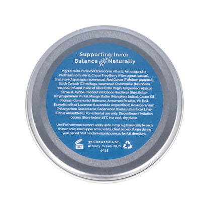 A round silver metal tin of Inner Balance Naturally Supporting Inner Balance Naturally supplement, featuring a prominent blue label with white text of ingredients and a white outer rim, shown against a plain white background.