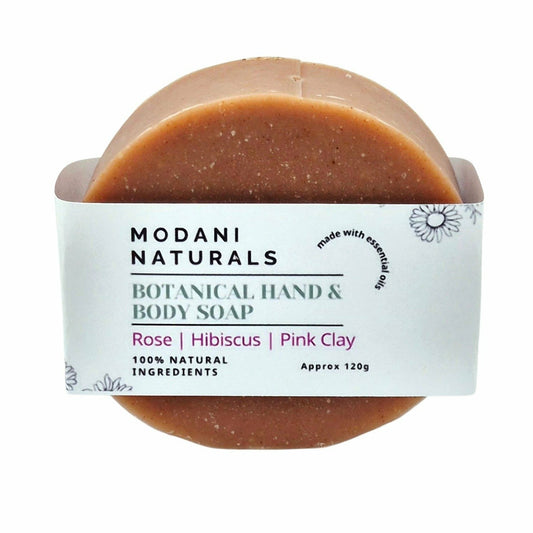Modani Naturals botanical hand and body soap with rose, pink clay and hibiscus on white background