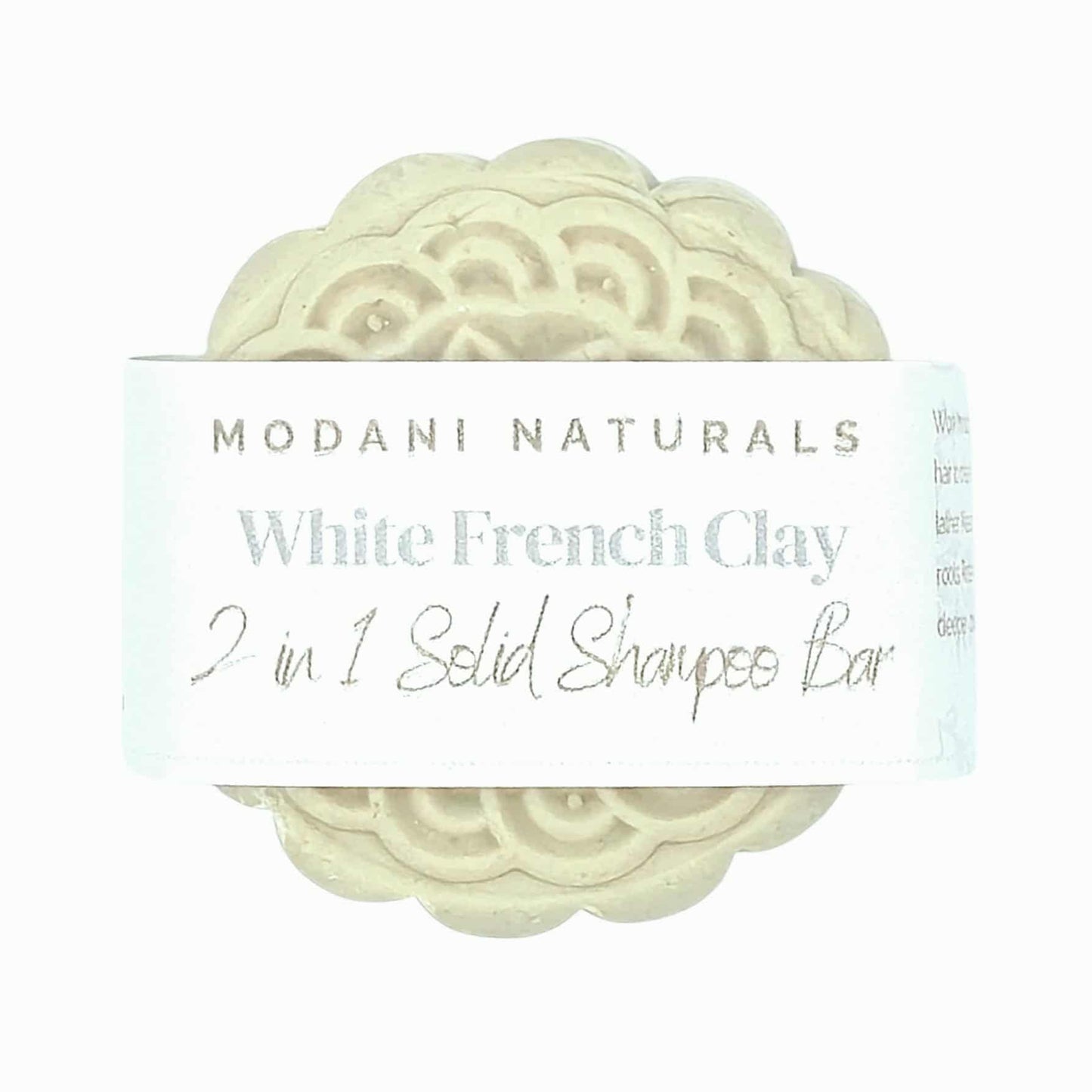 White French Clay 2 in 1 Solid Shampoo Bar with 'Modani Naturals' label on a white background