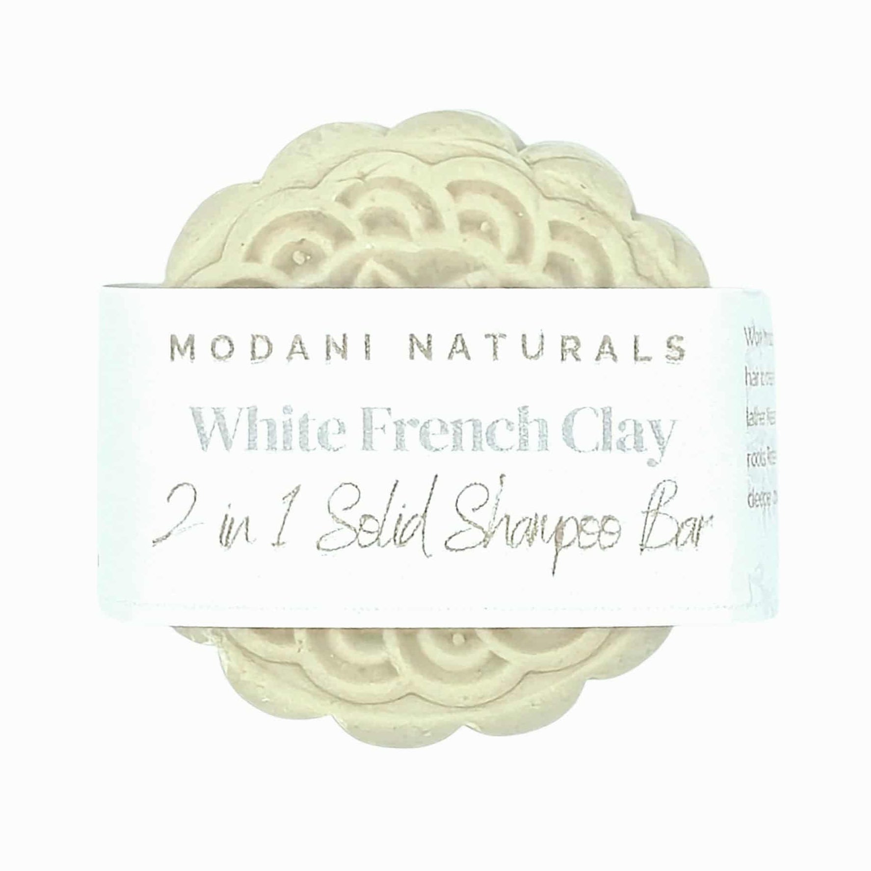 White French Clay 2 in 1 Solid Shampoo Bar with 'Modani Naturals' label on a white background