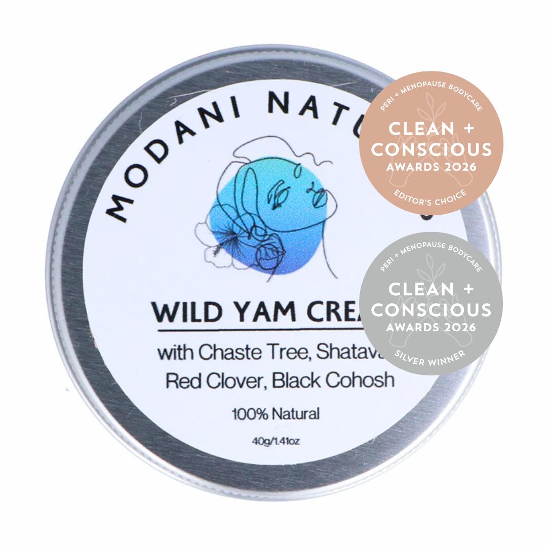 Modani Naturals Wild Yam Cream 40g tin with label and clean & conscious award badges on white background.  