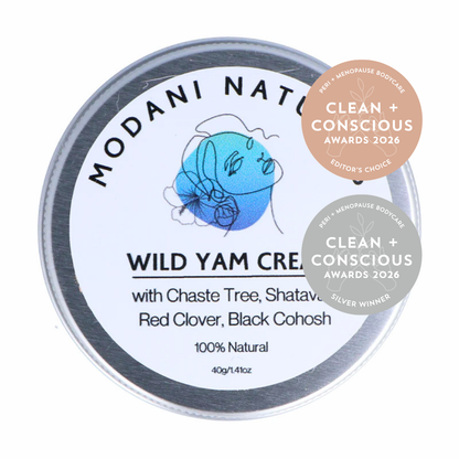Modani Naturals Wild Yam Cream 40g tin with label and clean & conscious award badges on white background.  