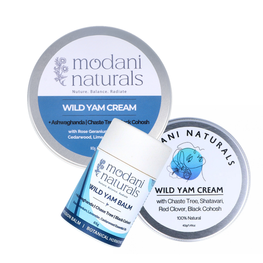 Modani Wild Yam Cream Trio showing Wild Yam cream 90g, Wild Yam Cream 40g and Wild yam balm 65g on white background. 