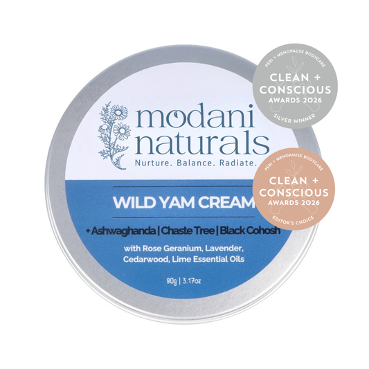 Modani Naturals Wild Yam Cream 90g tin showing label and clean & conscious award badges on white background.  