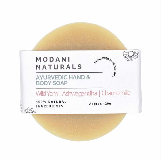 Modani Naturals Ayurvedic hand and body soap with a white label on a white background