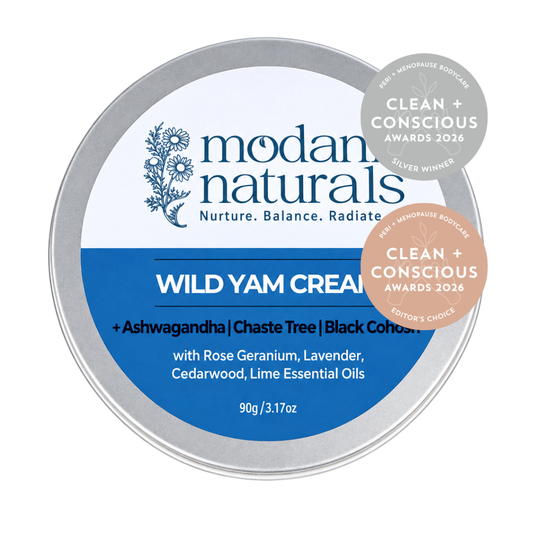 Silver tin of Modani Naturals 90g Wild Yam cream with label and award winning badges on white background. 