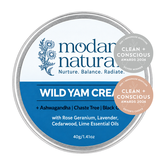 Modani Naturals Wild Yam Cream 40g silver tin with a blue and white label, viewed from above on a white background