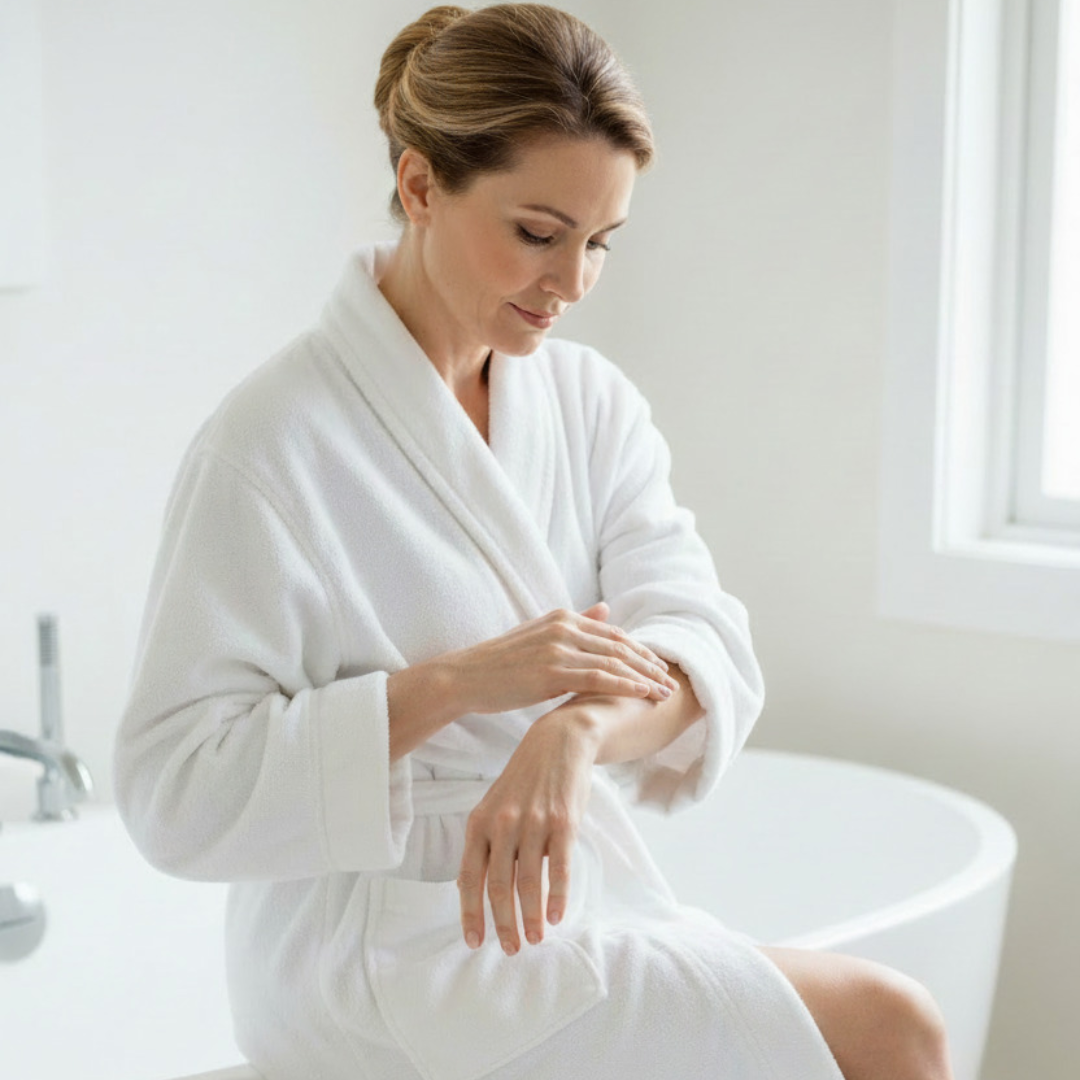 Woman applying Wild Yam Cream to her arm wearing a white robe looking relaxed in a light bathroom setting. 