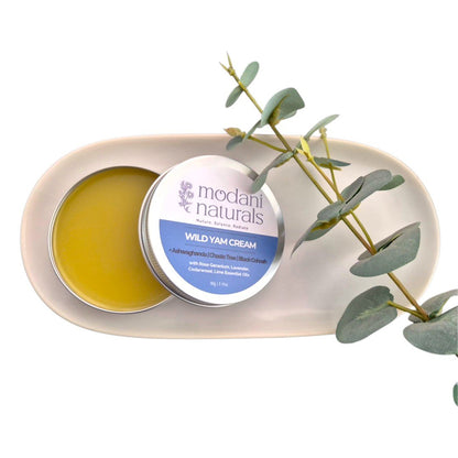 Open silver tin of modani naturals wild yam cream with new label and botanical green leaf on white background. 
