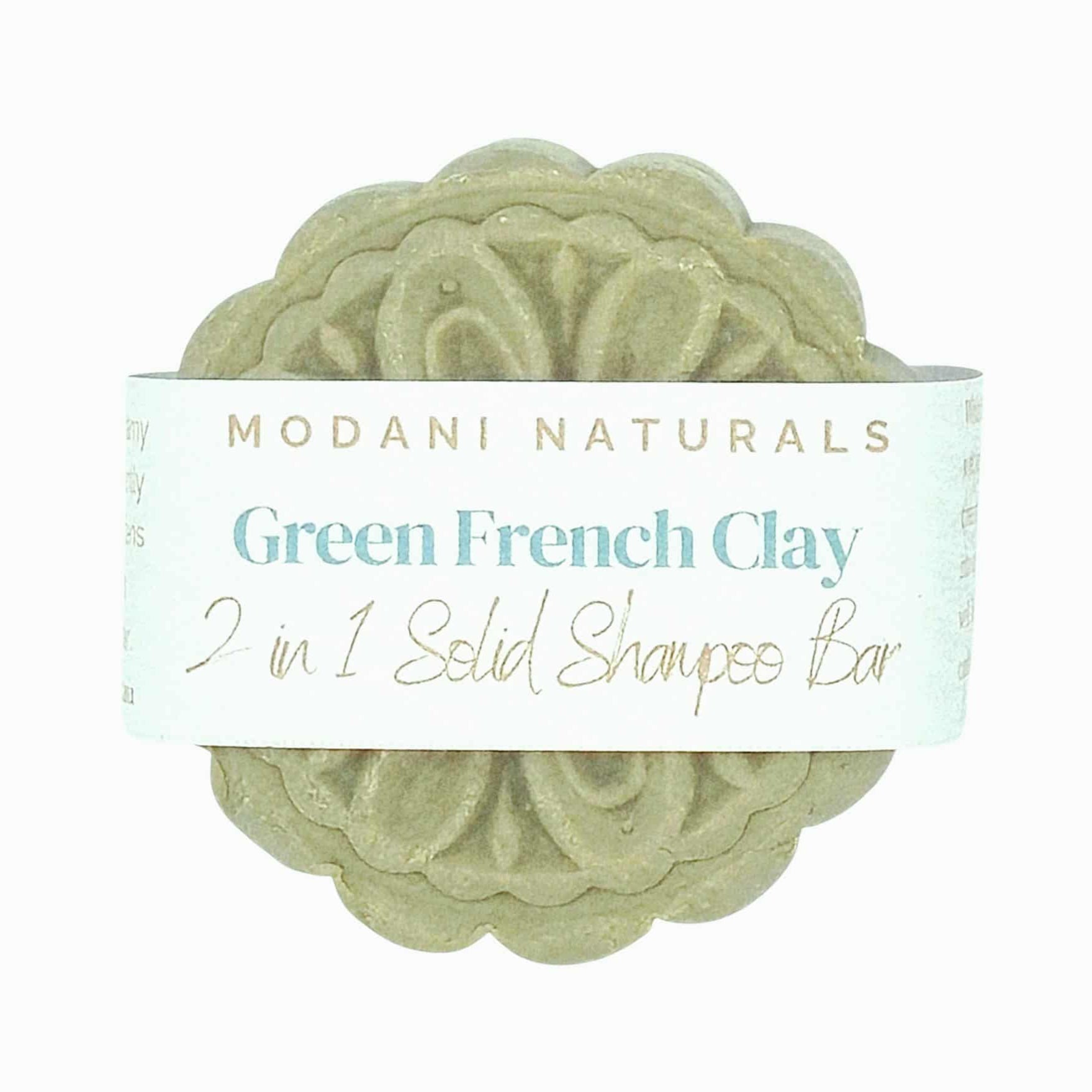 Green French Clay 2-in-1 Solid Shampoo Bar with Modani Naturals label on a white background
