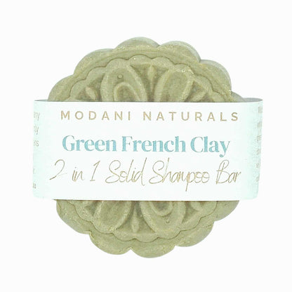 Green French Clay 2-in-1 Solid Shampoo Bar with Modani Naturals label on a white background