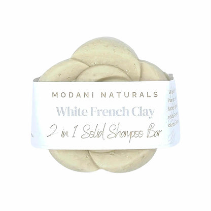 Modani Naturals White French Clay 2 in 1 Solid Shampoo Bar on a white background